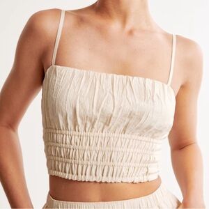 Abercrombie & Fitch Linen Crinkle Textured Ruched Crop Top